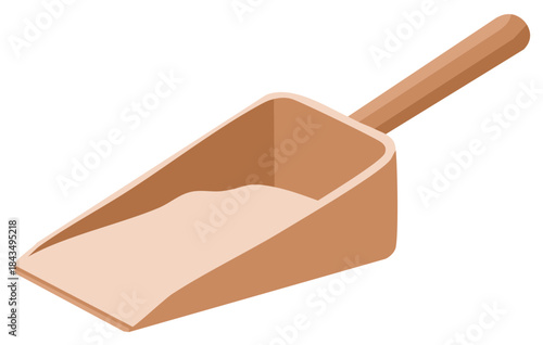 Wooden scoop with light powder, perfect for bath salts or spices in isometric view, isolated
