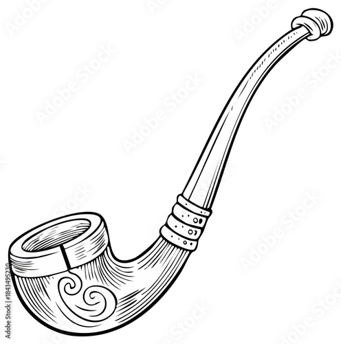 Traditional Hand-Drawn Smoking Pipe with Ornate Swirl Carvings and Decorative Bands