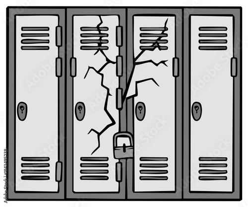 Row of school lockers with one door heavily cracked and locked