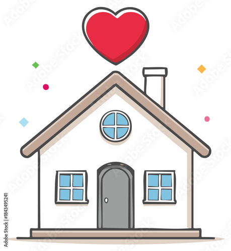 Cartoon house with red heart above symbolising home love and care, vector illustration
