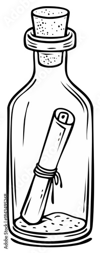 Hand-drawn illustration of a rolled message inside a corked glass bottle with sand at the bottom