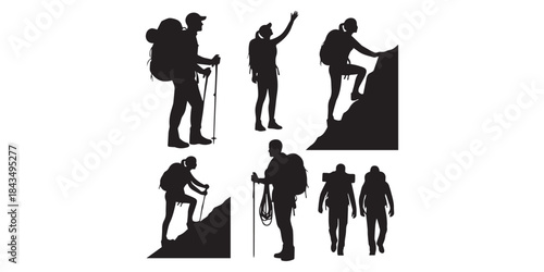 Silhouette of hiker. Collection of male and female hiker. mountaineer climber hiker people, vector silhouette collection. hiking man and woman with rucksack silhouette. Backpacker and climber people.