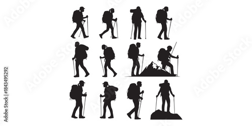 Silhouette of hiker. Collection of male and female hiker. mountaineer climber hiker people, vector silhouette collection. hiking man and woman with rucksack silhouette. Backpacker and climber people.