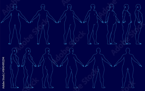 A set of female body silhouettes on a blue background illustrates human anatomy and body contours.