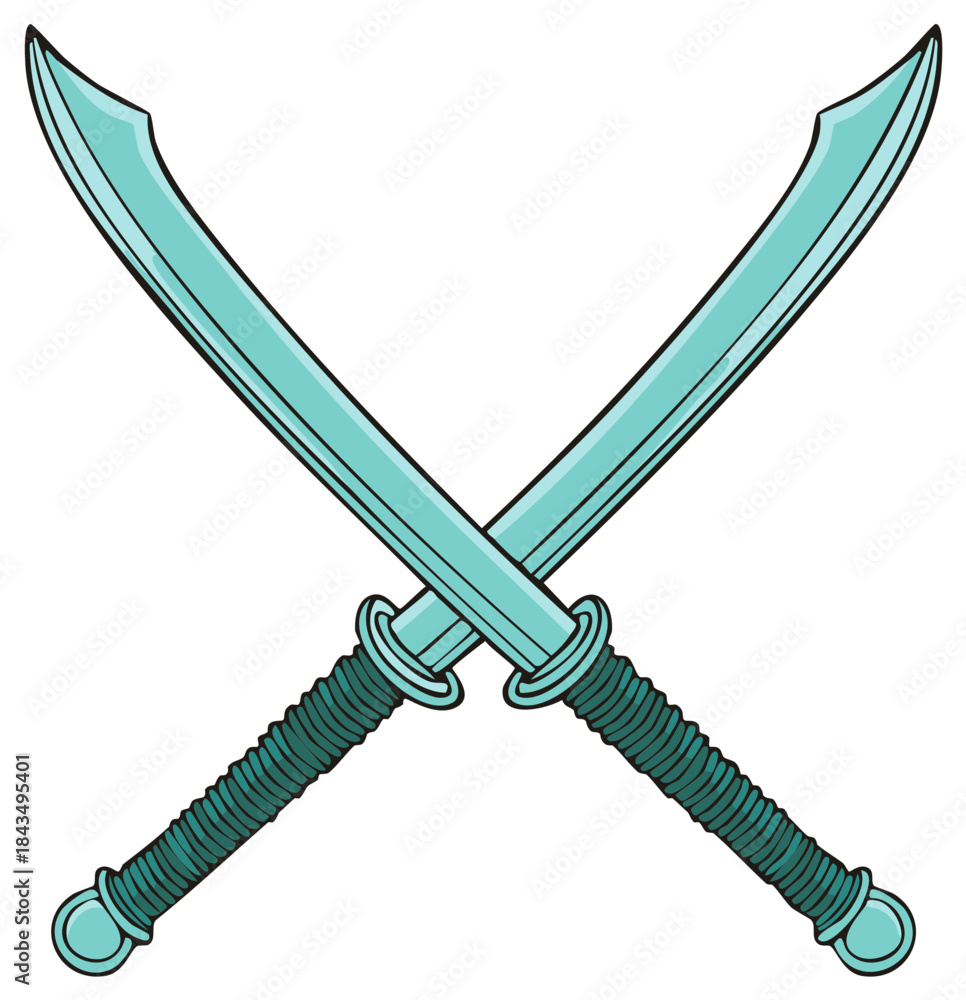 Obraz premium Duel of Crossed Swords Illustration Turquoise Color Cartoon Weaponry Sharp Steel Cutlass Curved Blades