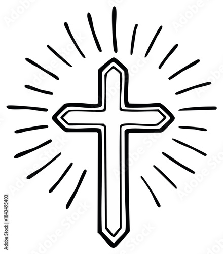 Christian cross with rays emanating outward, simple black and white hand-drawn illustration