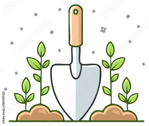 Gardening Tool with Seedlings, Gardening Equipment, Springtime Garden Growing Concept