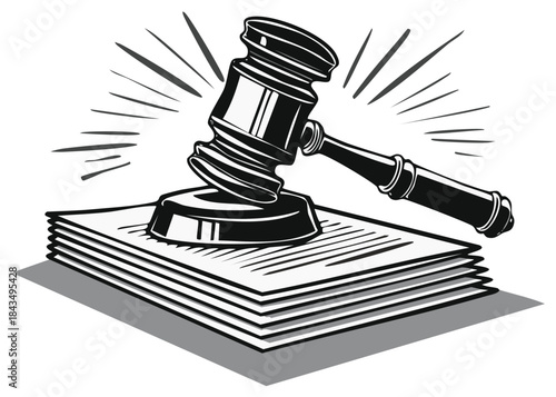 Black and white vector illustration of a judge's gavel on a stack of legal documents symbolizing justice and law
