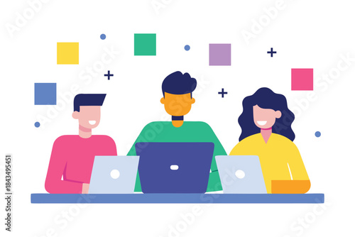 Creative Team Collaboration with Laptops Flat Illustration