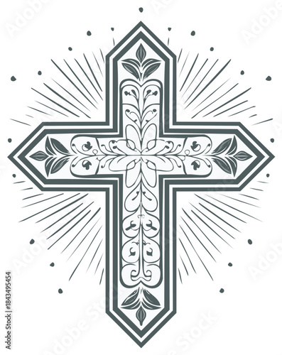 Ornate Christian cross with radiating light beams and decorative floral elements in grayscale