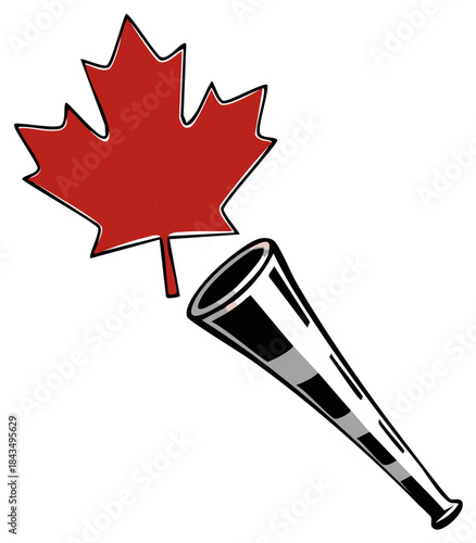 Dynamic red maple leaf and celebratory party horn graphic for national pride and fanfare