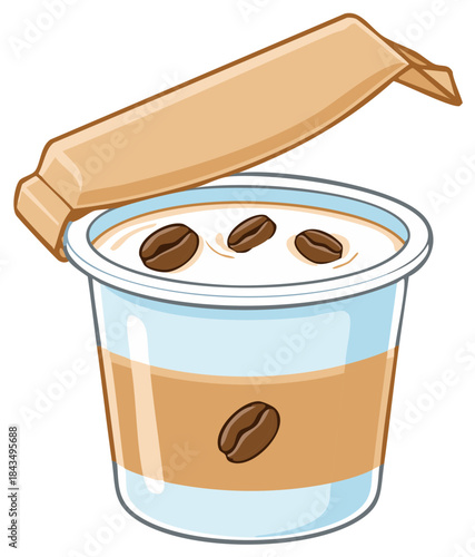 Cartoon illustration of coffee cream with beans and open lid