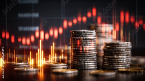 Financial Decline: Stacks of coins are set against a background of declining financial charts and illuminated lines, creating a sense of economic instability and the downturn