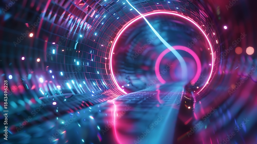 Obraz premium Digital mesh tunnel spiraling forward with neon highlights