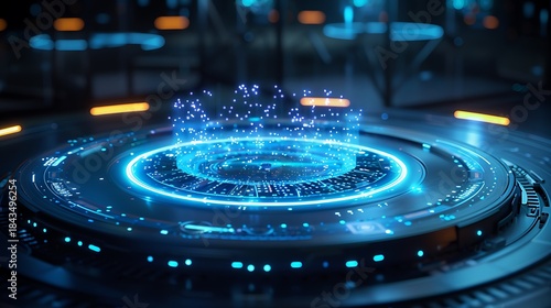 Floating hologram ui rings glowing above minimal device