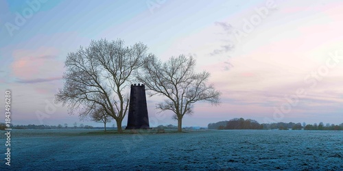The Black Mill, now disused, flanked by trees in winter. Beverley, UK.