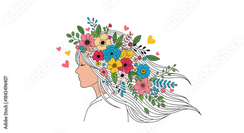 Beautiful woman with flowing hair adorned with colorful flowers and hearts, representing beauty, nature, love, and mental well-being.