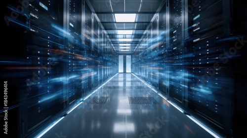 Rows of server racks fill a data center as blue light effects convey speed and technology. The environment shows high tech storage and processing of information.