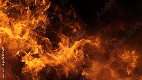 A close up of a fire with orange flames. The fire is very large and is surrounded by smoke. Scene is intense and dramatic