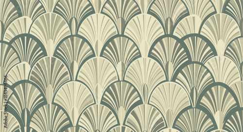 Seamless Art Deco style pattern featuring elegant fan motifs in muted shades of beige, grey, and blue-green, perfect for a vintage aesthetic.
