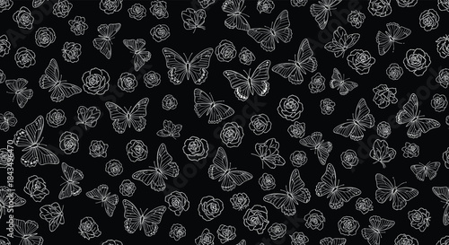 Elegant white outline seamless pattern featuring butterflies and roses on a black background, perfect for textiles or digital designs.