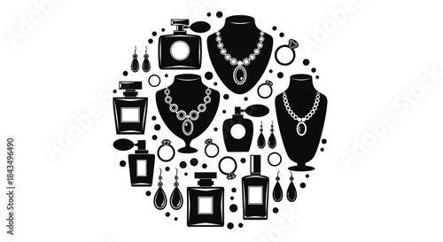 Elegant black and white silhouettes of various luxury accessories including fine jewelry and perfume bottles arranged in a circular composition.