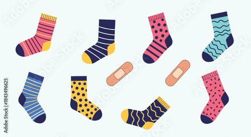 A collection of colorful patterned socks and medical band-aids scattered on a light background, representing comfort, care, and quirky style.