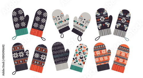 A collection of colorful and cozy knitted mittens featuring various winter-themed patterns, perfect for cold weather and holiday designs.