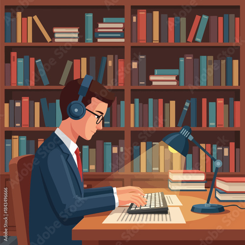Focused professional studying with headphones in a library setting