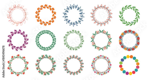 A vibrant collection of diverse hand-drawn floral, leaf, and decorative wreaths in various styles and colors, perfect for design projects.