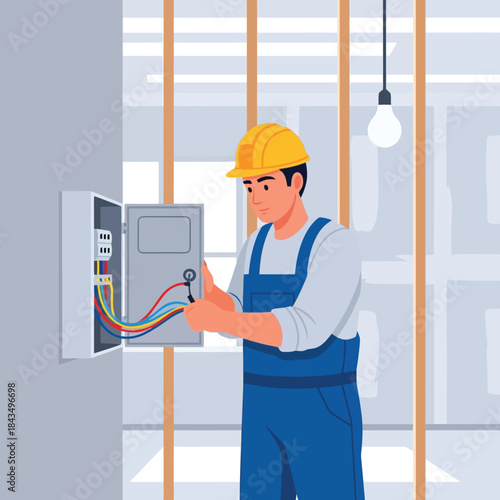 Skilled electrician expertly wiring electrical panel in modern building construction