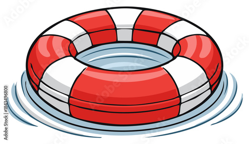 Vivid red and white striped lifesaver ring floats amidst stylized blue water ripples for safety and nautical themed design