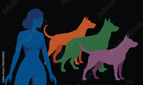 Stylized woman with a pack of dogs in vibrant colors against a black background, abstract illustration.