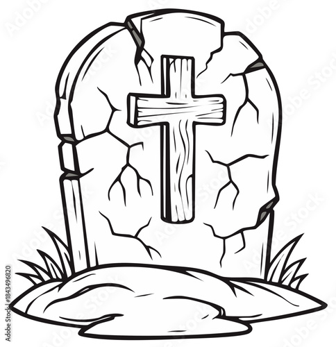 Cracked gravestone illustration with a wooden cross, grass, and a mound of dirt.