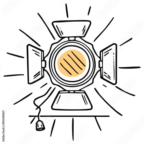 Doodle art spotlight shining brightly with radiating light beams and a corded plug