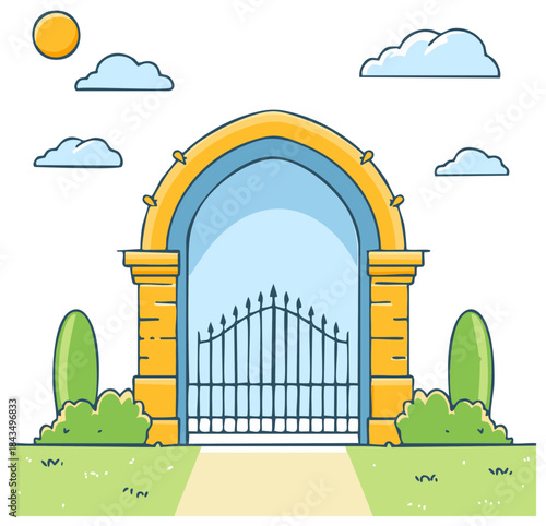 Whimsical golden arched gateway with closed ornate iron gate garden path green bushes and sunny blue sky
