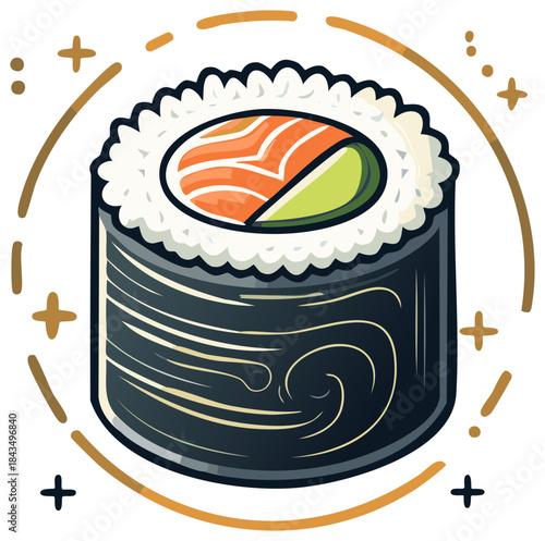 Isolated Sushi Roll Illustration with Salmon and Avocado Topping on White Background