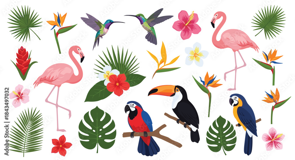 Fototapeta premium Vibrant collection of tropical exotic birds, including flamingos, toucans, parrots, and hummingbirds, with lush plants and flowers.
