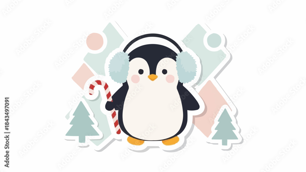 Obraz premium Cute penguin wearing earmuffs holds candy cane on Christmas background