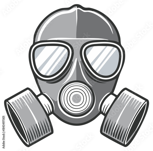 Stylized graphic of a classic gas mask with two large canisters and clear protective lenses