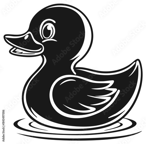 Black and white cartoon rubber duck toy floating on water ripples simple illustration