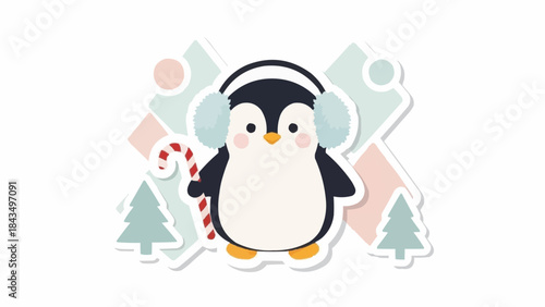 Cute penguin wearing earmuffs holds candy cane on Christmas background