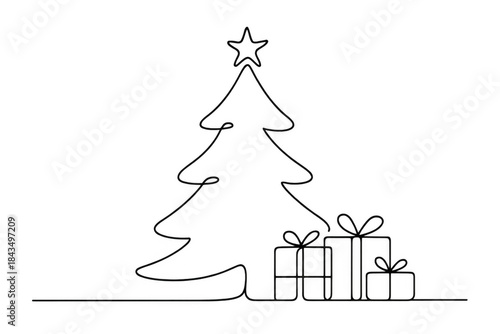 Christmas tree with a star and gift boxes drawn in black continuous line art, creating a minimal design for celebrations