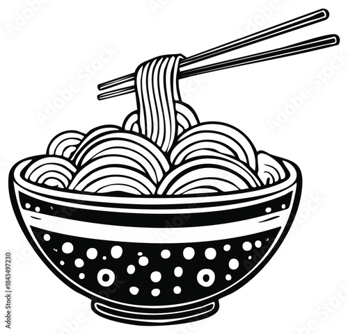 Black and white illustration of a bowl of noodles with chopsticks