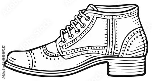 Line art drawing of a classic wingtip boot with brogue detailing and laces