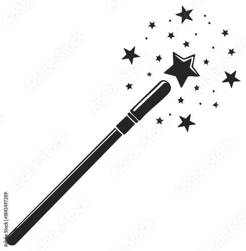 Magic wand casting spells in black and white stars and dots for enchanting effects and fantasy applications