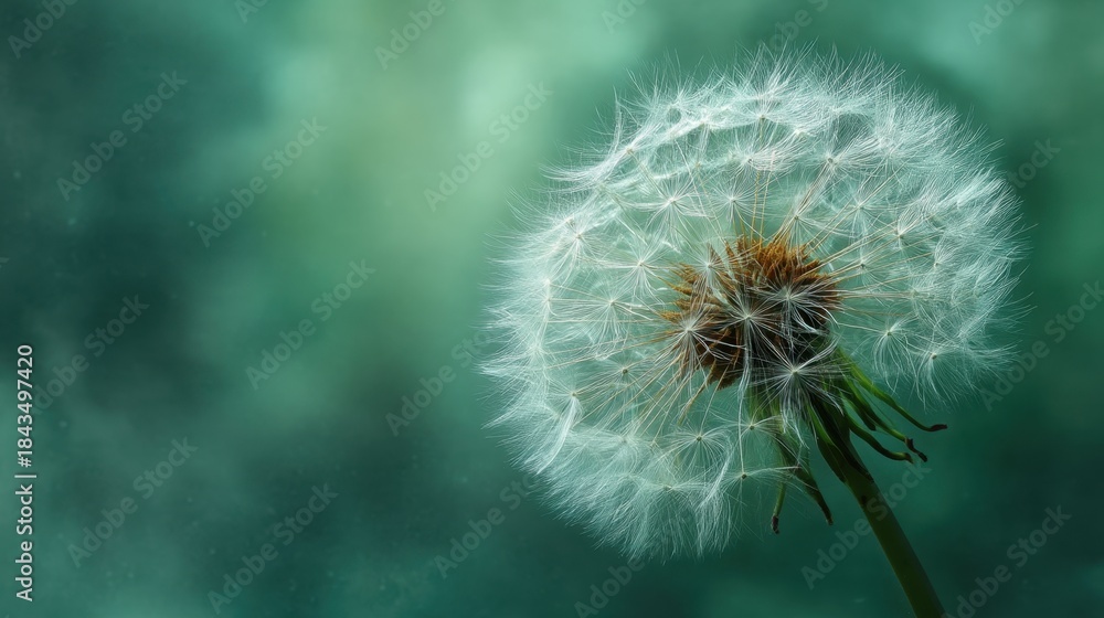 Fototapeta premium A dandelion is the main focus of the image, with its white petals and brown center. The dandelion is surrounded by a green background, which adds a sense of freshness and vitality to the scene