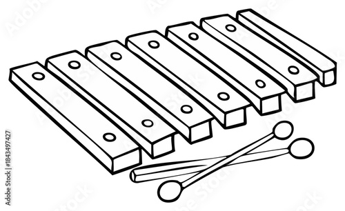 Xylophone Musical Instrument Outline Black and White Mallets Percussion Kid Toy Art Design