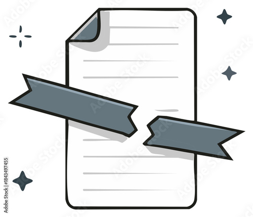 Document with Torn Ribbon Cartoon Style Concept of Broken Contract