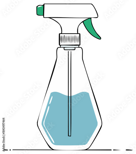 Illustration of plastic spray bottle with blue liquid and green nozzle for cleaning
